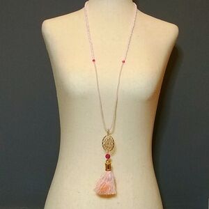 Pink Beaded Long Statement Necklace